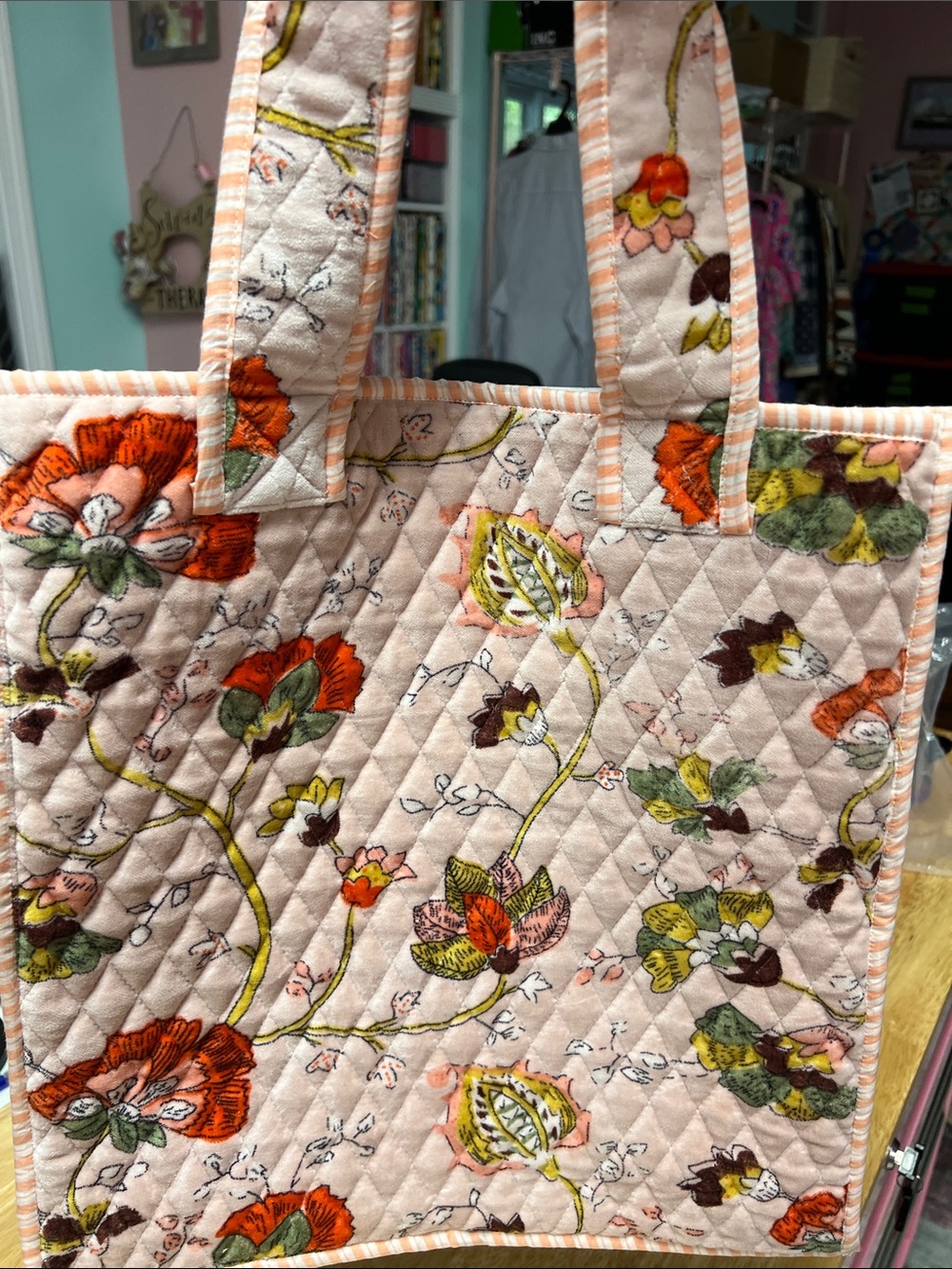 POL Quilted Floral Tote in Pink with Orange & Green Accents